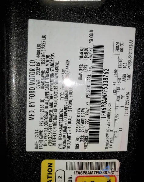 2015 Ford Mustang z USA, uszkodzony, nr VIN 1FA6P8AM7F5338762